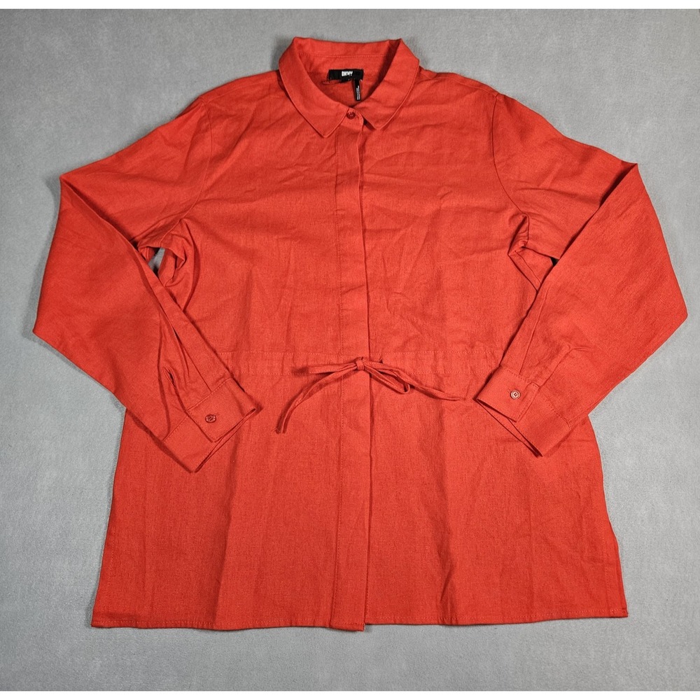 DKNY Womens Red Linen Blend Button Front Long Sleeve Blouse Size Medium NWOT